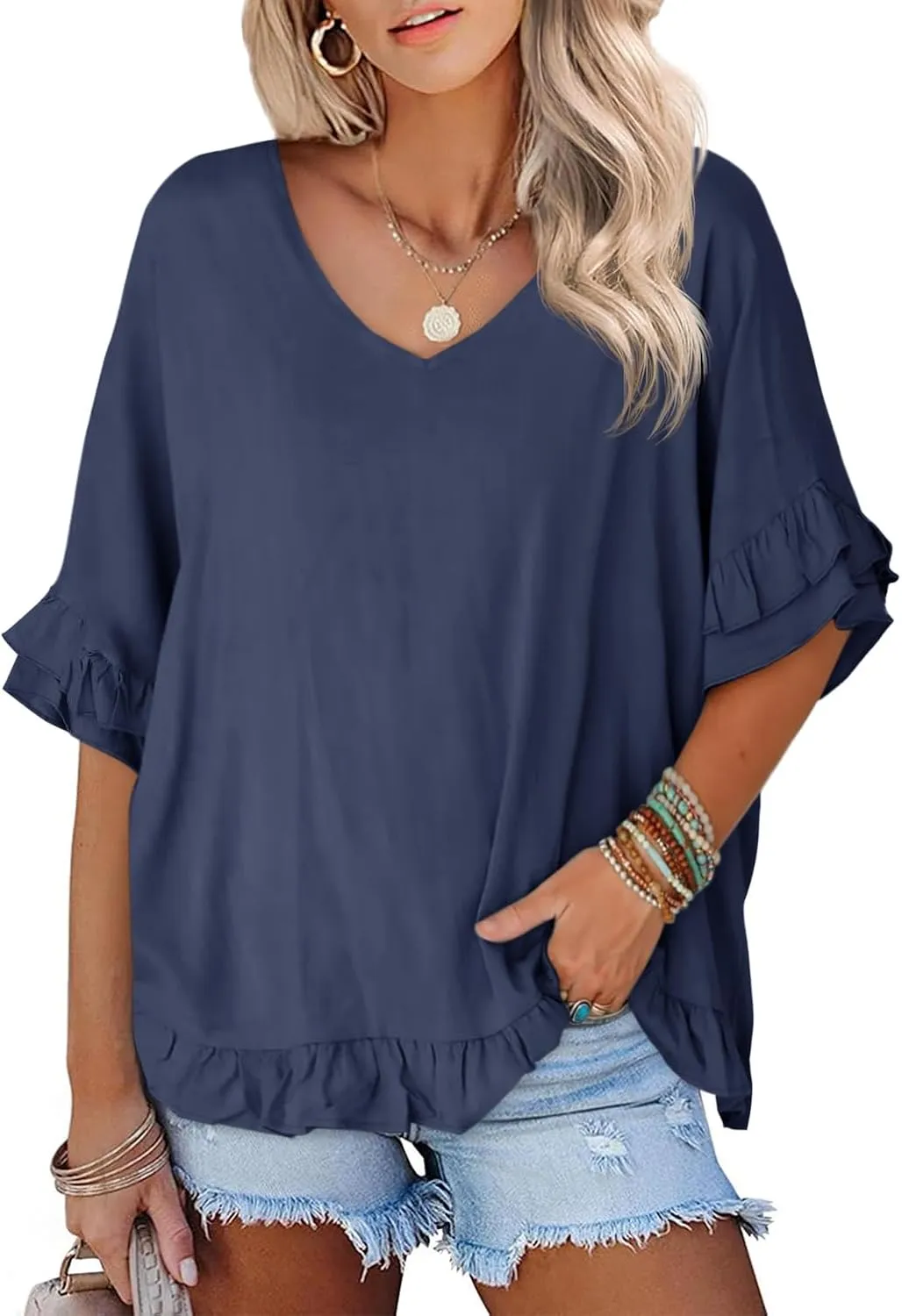 Tankaneo Womens Oversized Ruffle Short Sleeve Tshirts Summer Casual V Neck Peplum Tops Flowy Loose Fit Blouse