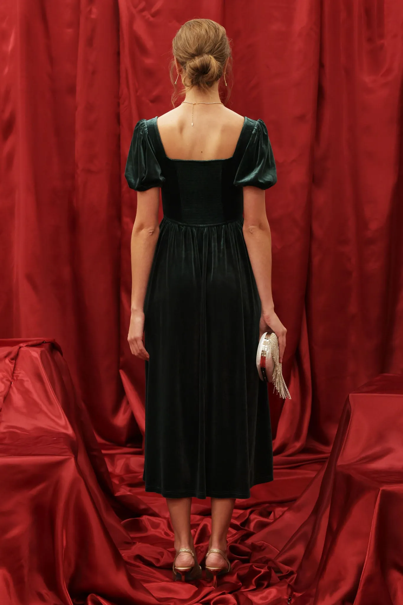 VELVET CORSET PUFF SLEEVE MIDI DRESS