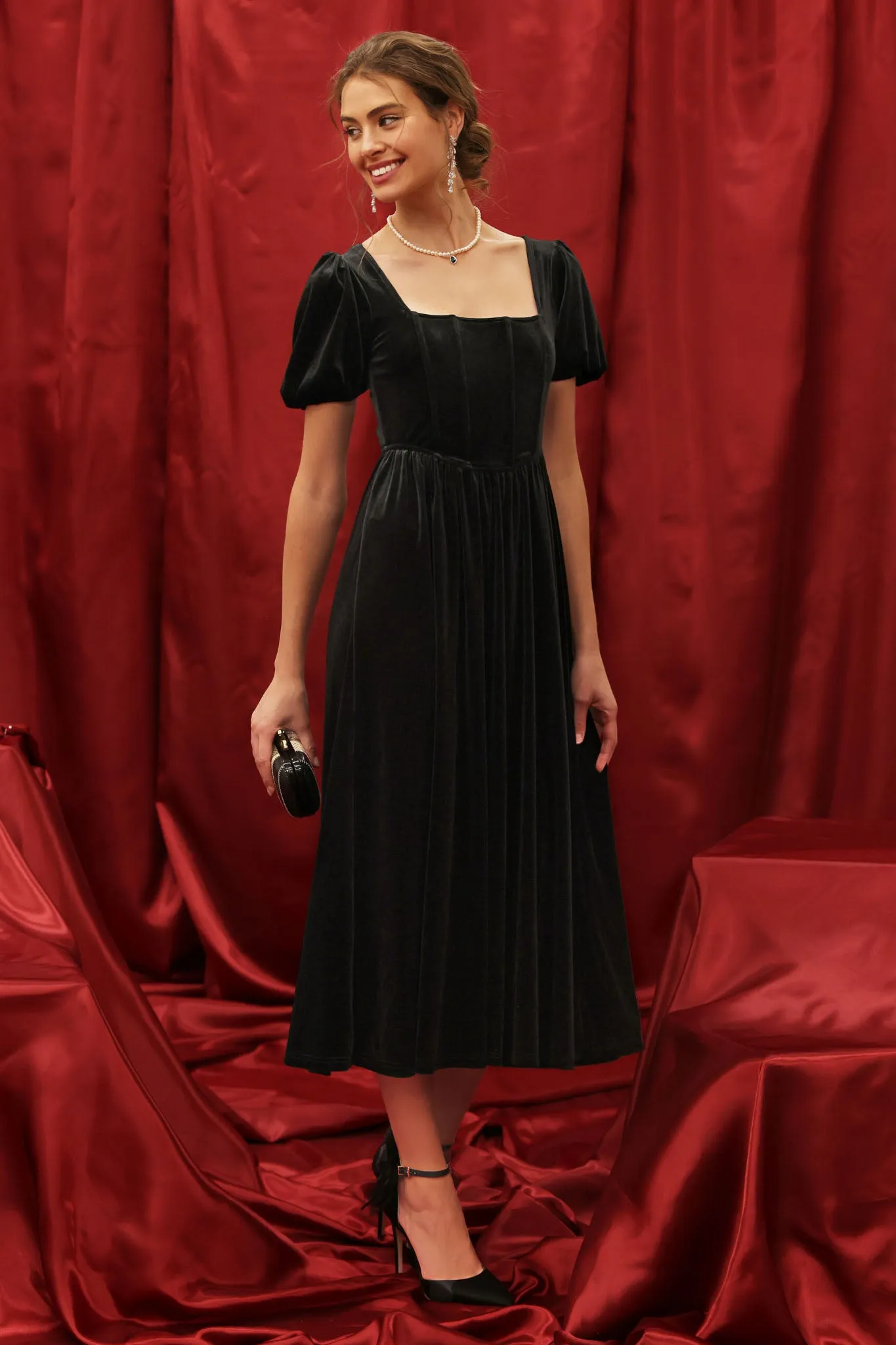 VELVET CORSET PUFF SLEEVE MIDI DRESS