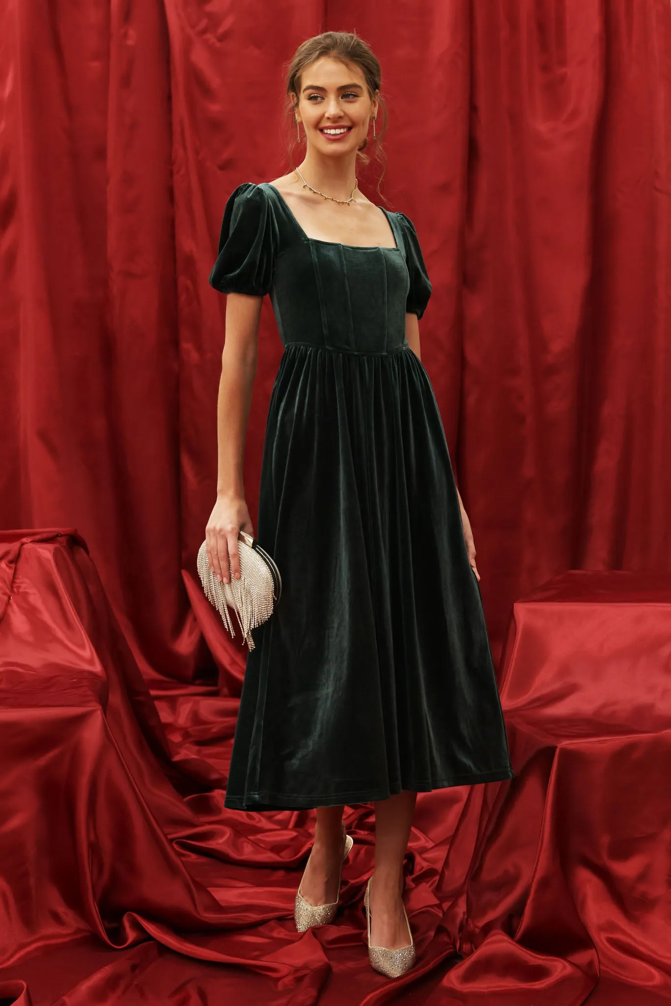 VELVET CORSET PUFF SLEEVE MIDI DRESS