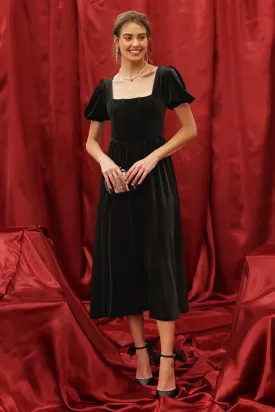 VELVET CORSET PUFF SLEEVE MIDI DRESS