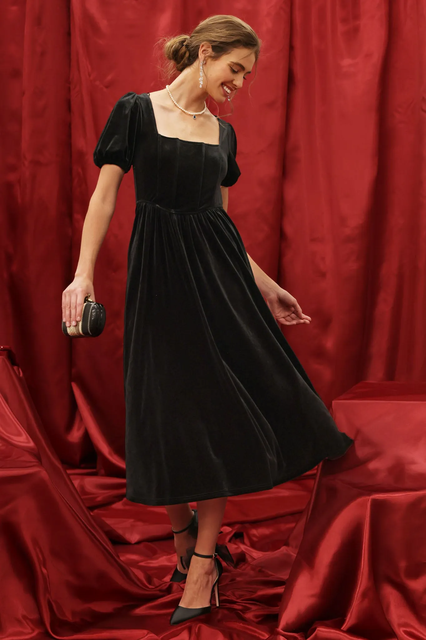 VELVET CORSET PUFF SLEEVE MIDI DRESS