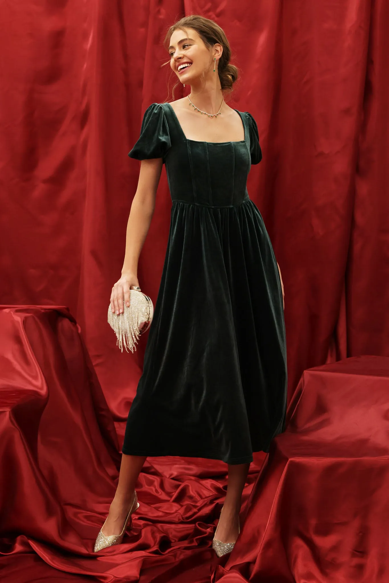 VELVET CORSET PUFF SLEEVE MIDI DRESS