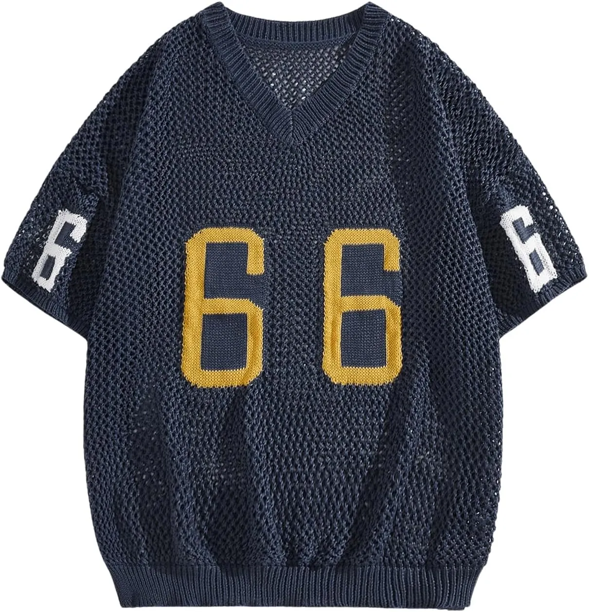 Verdusa Men's Jersey Shirt Letter Graphic Sweaters Hollow Out Knit Tops Vintage Short Sleeve Pullovers Top