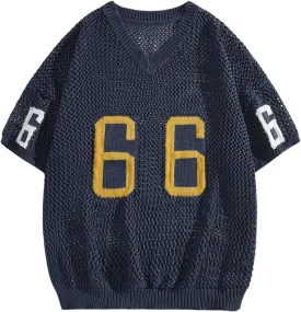 Verdusa Men's Jersey Shirt Letter Graphic Sweaters Hollow Out Knit Tops Vintage Short Sleeve Pullovers Top