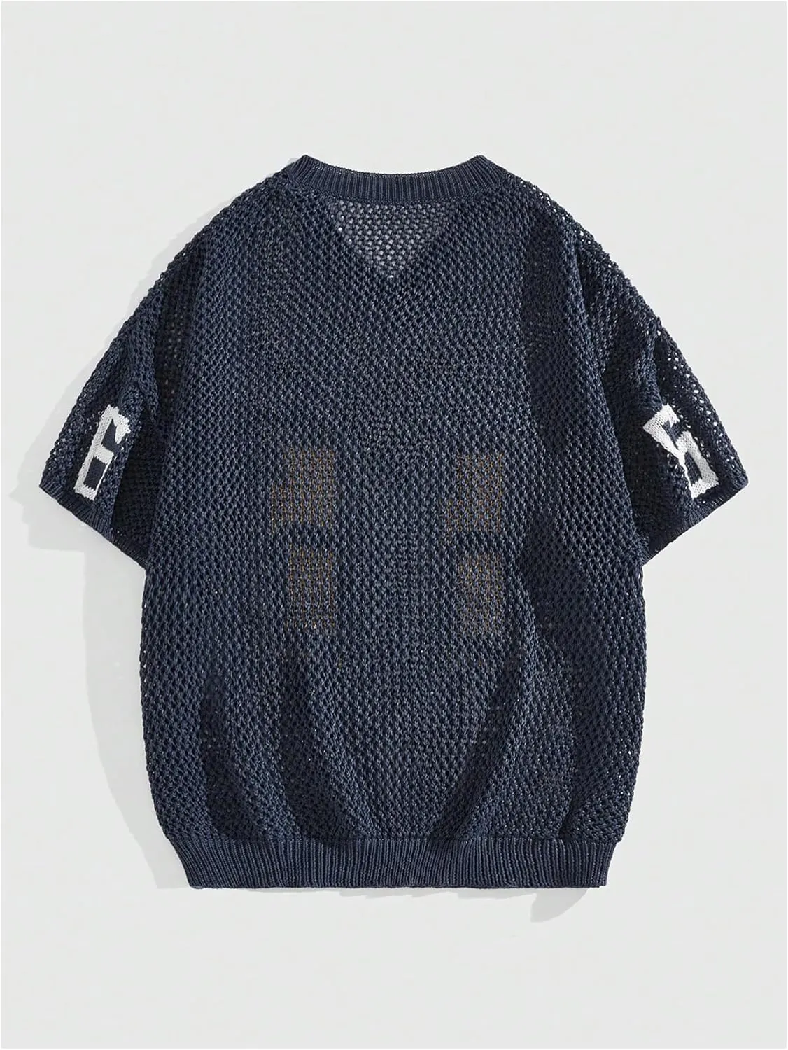 Verdusa Men's Jersey Shirt Letter Graphic Sweaters Hollow Out Knit Tops Vintage Short Sleeve Pullovers Top