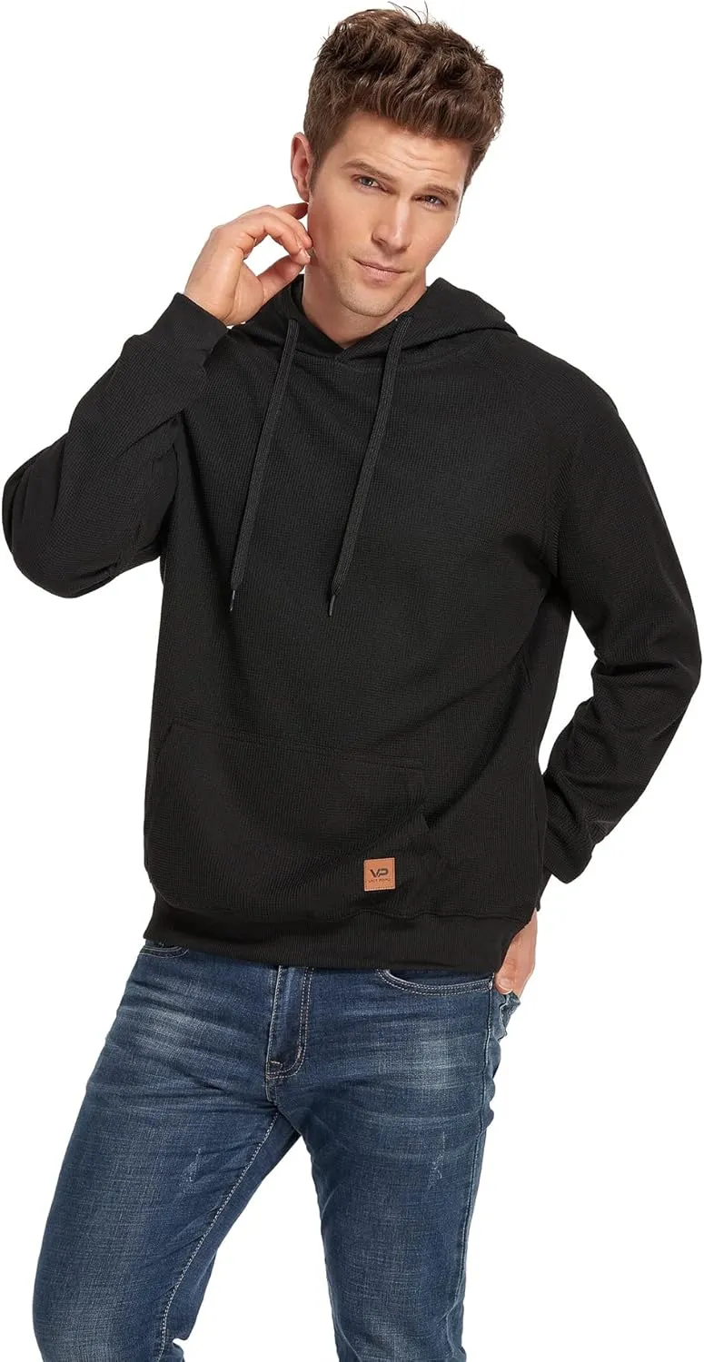 VICT POPU Hoodies For Men Pullover Long Sleeve hooded Plaid Jacquard With Big Pockets Solid Color Sweatshirt