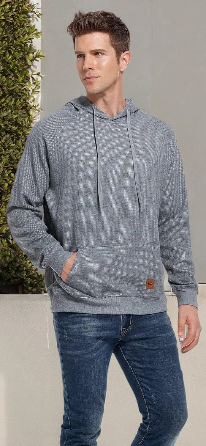 VICT POPU Hoodies For Men Pullover Long Sleeve hooded Plaid Jacquard With Big Pockets Solid Color Sweatshirt