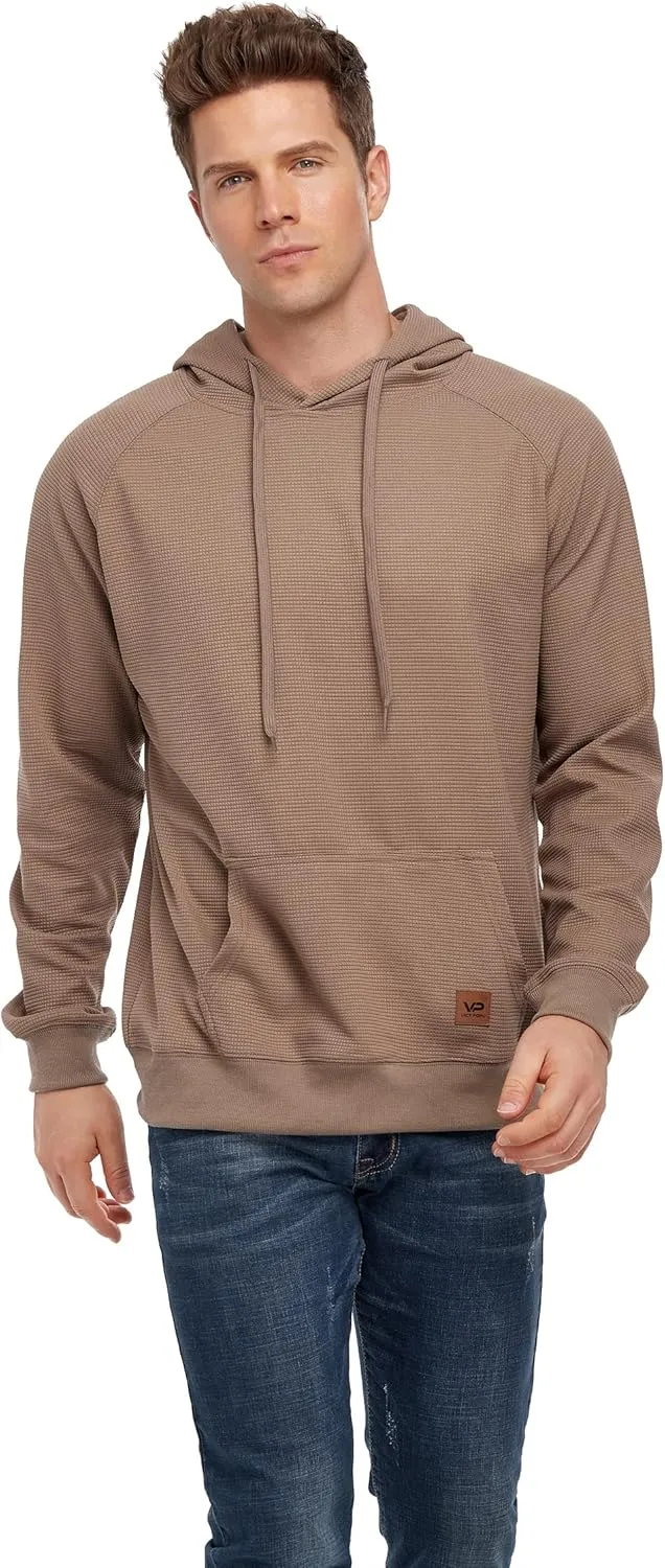 VICT POPU Hoodies For Men Pullover Long Sleeve hooded Plaid Jacquard With Big Pockets Solid Color Sweatshirt