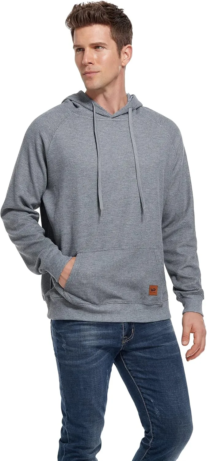VICT POPU Hoodies For Men Pullover Long Sleeve hooded Plaid Jacquard With Big Pockets Solid Color Sweatshirt