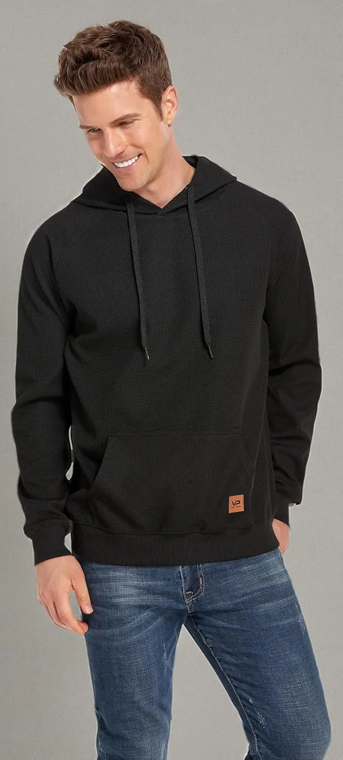 VICT POPU Hoodies For Men Pullover Long Sleeve hooded Plaid Jacquard With Big Pockets Solid Color Sweatshirt