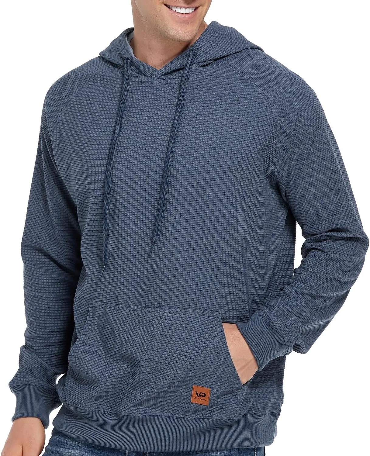VICT POPU Hoodies For Men Pullover Long Sleeve hooded Plaid Jacquard With Big Pockets Solid Color Sweatshirt