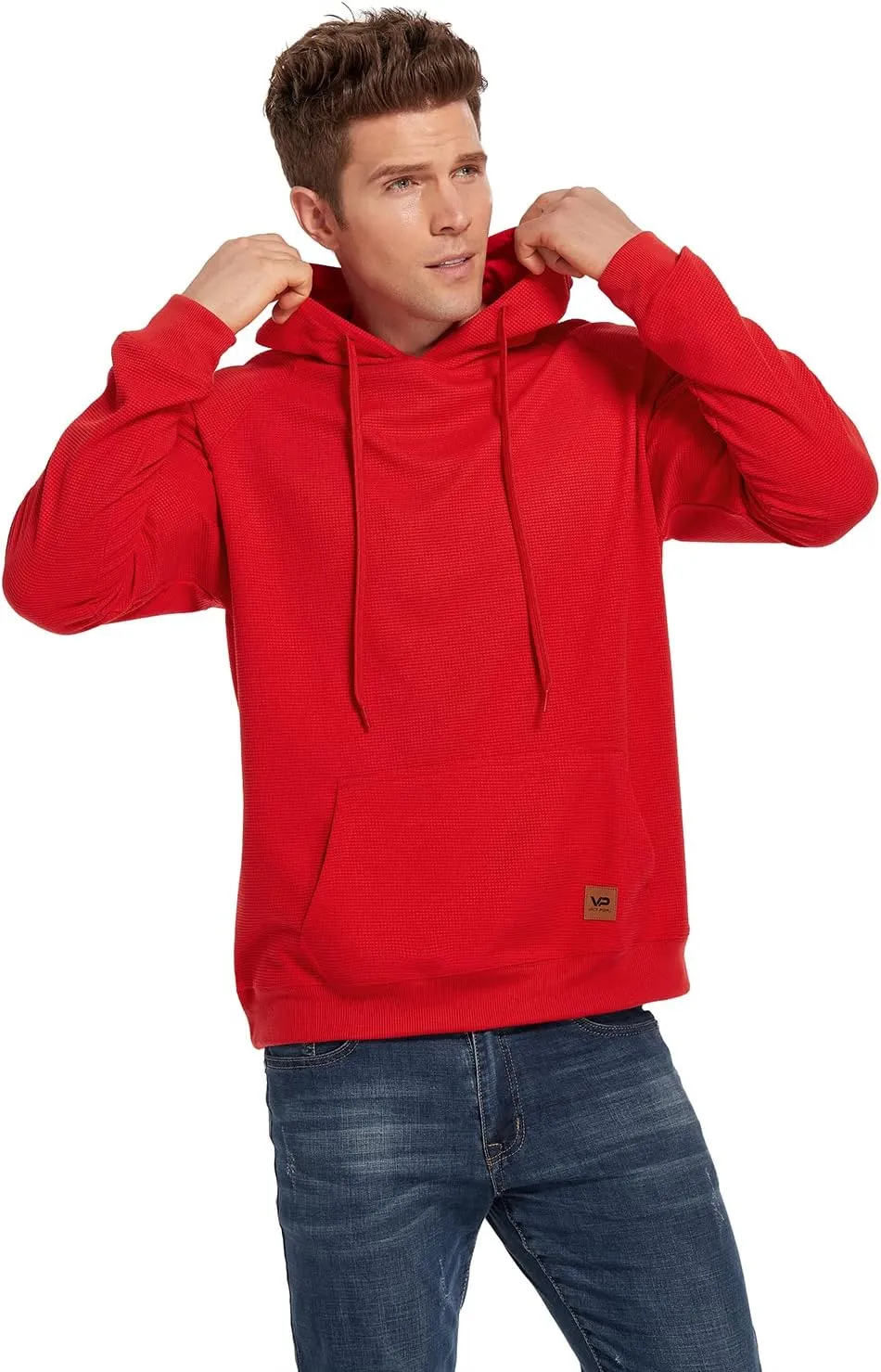 VICT POPU Hoodies For Men Pullover Long Sleeve hooded Plaid Jacquard With Big Pockets Solid Color Sweatshirt