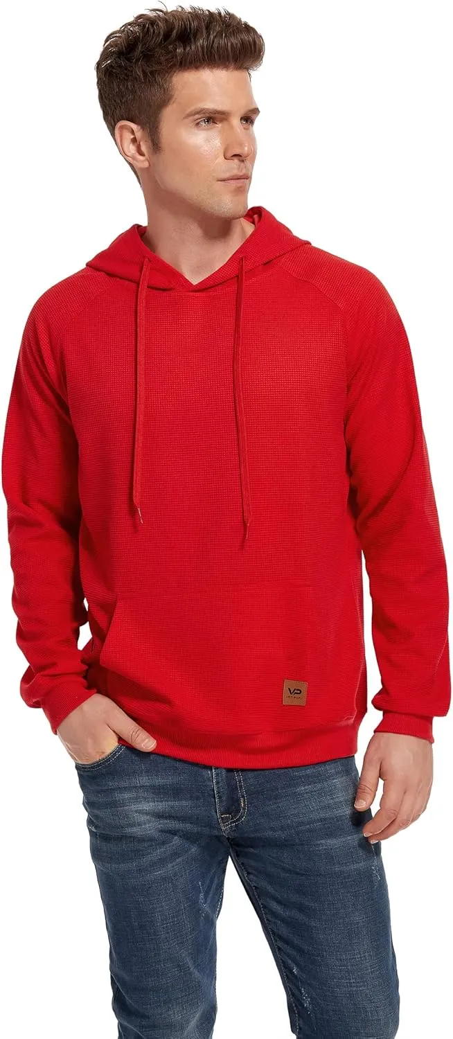 VICT POPU Hoodies For Men Pullover Long Sleeve hooded Plaid Jacquard With Big Pockets Solid Color Sweatshirt