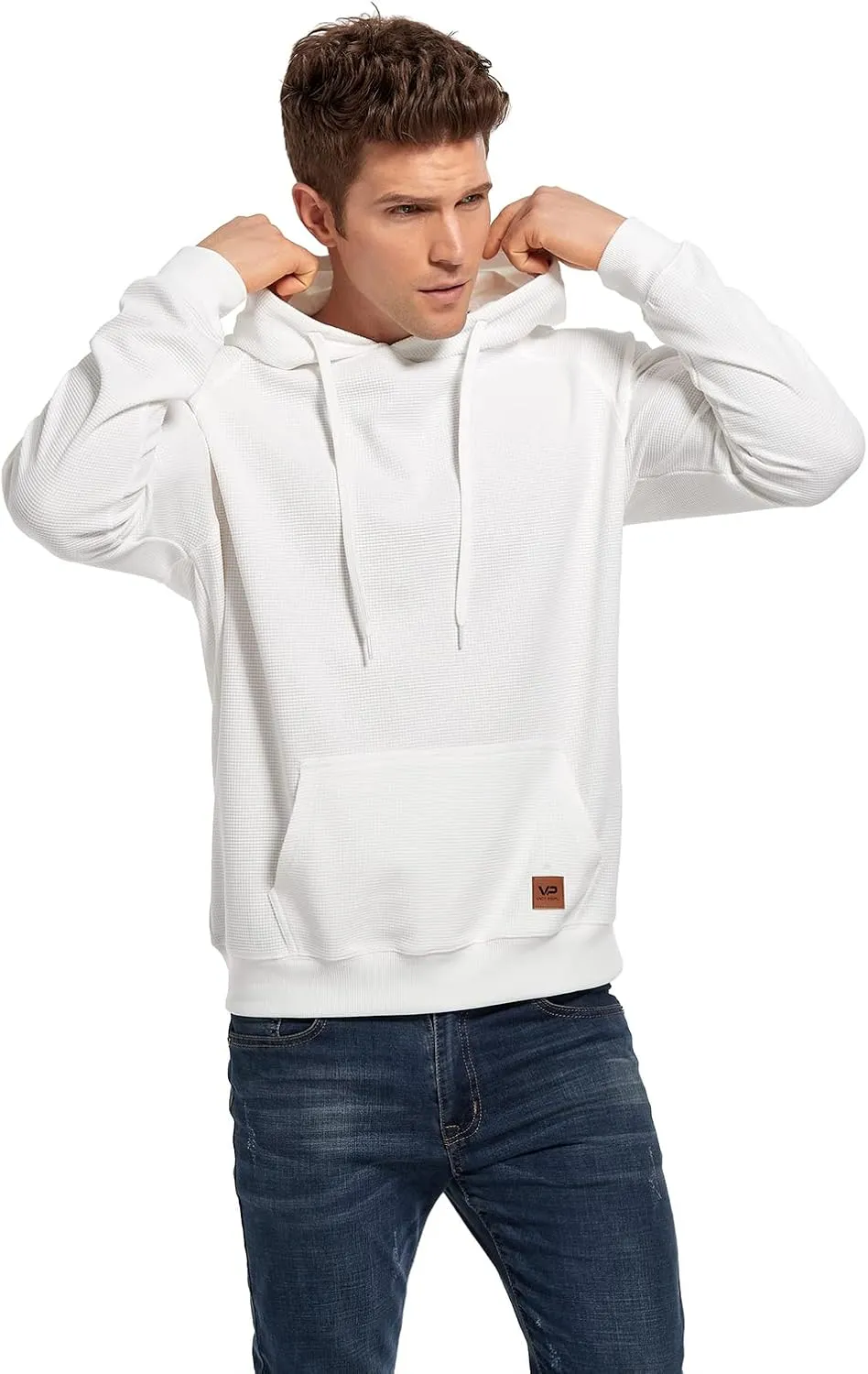 VICT POPU Hoodies For Men Pullover Long Sleeve hooded Plaid Jacquard With Big Pockets Solid Color Sweatshirt