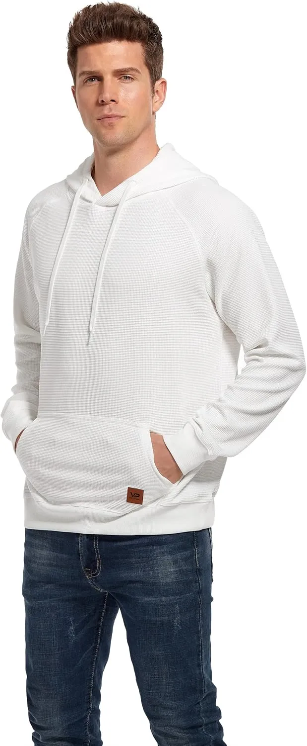 VICT POPU Hoodies For Men Pullover Long Sleeve hooded Plaid Jacquard With Big Pockets Solid Color Sweatshirt