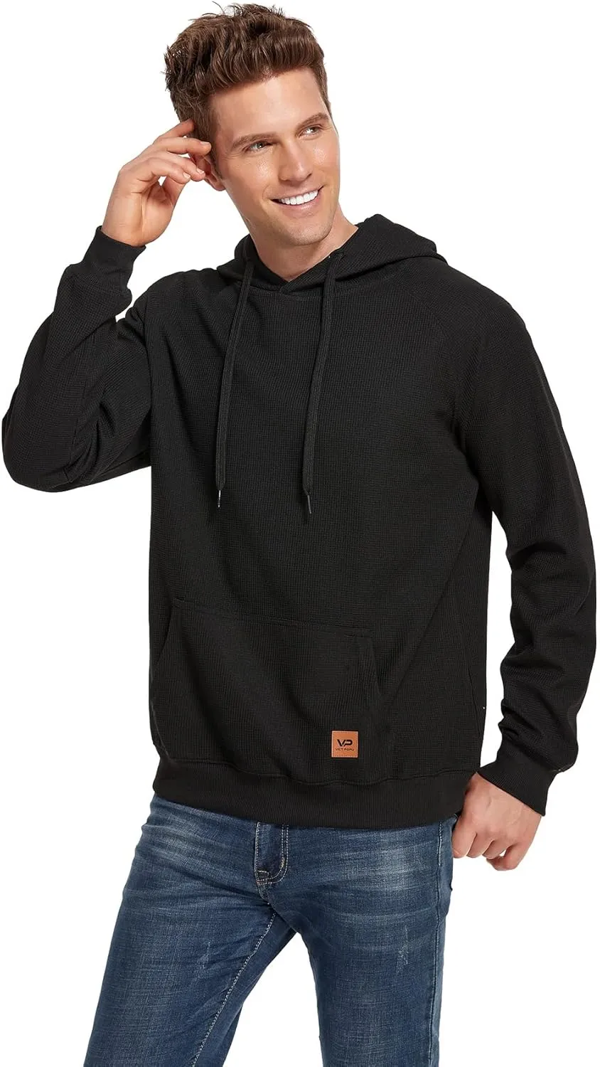 VICT POPU Hoodies For Men Pullover Long Sleeve hooded Plaid Jacquard With Big Pockets Solid Color Sweatshirt