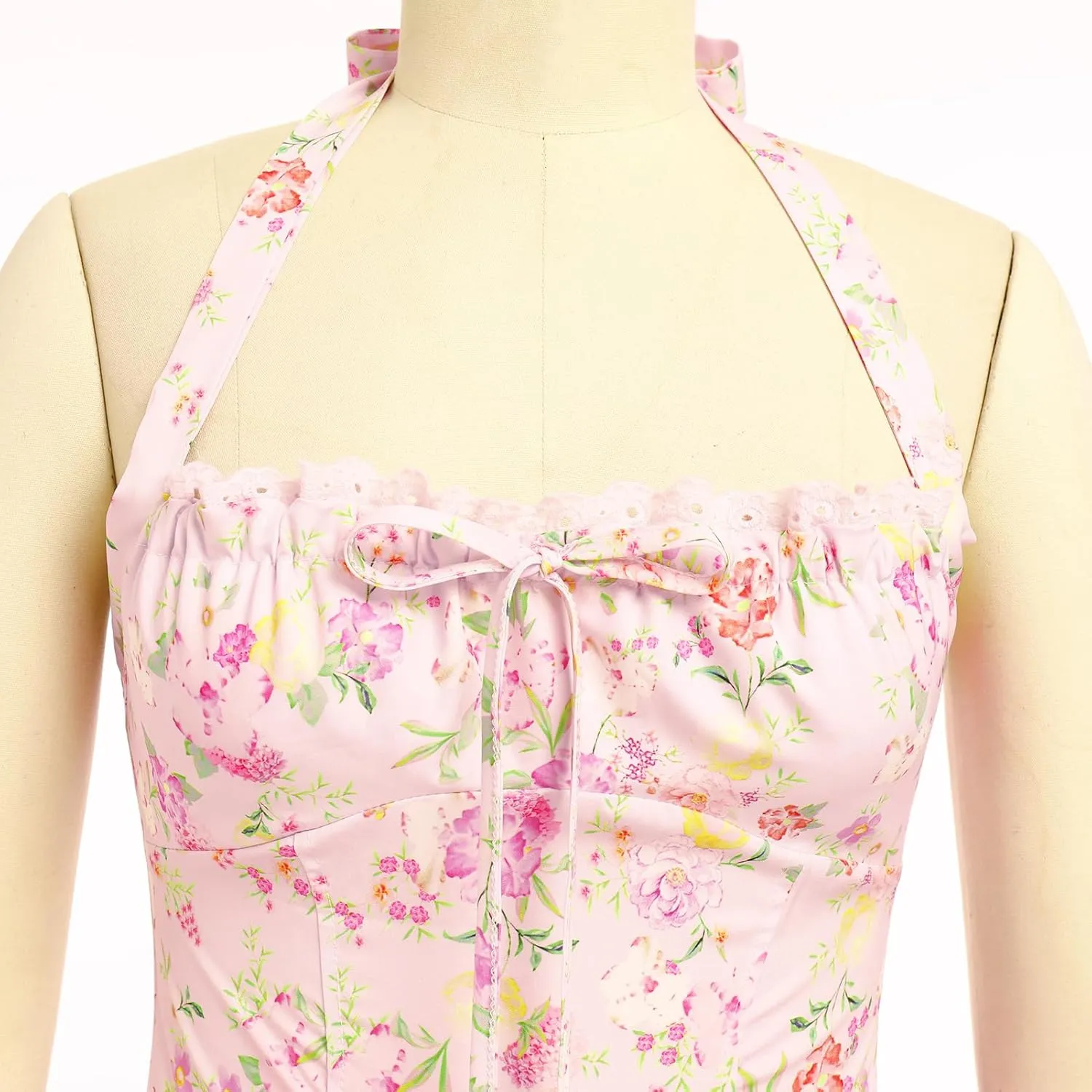 Women Floral Corset Dress Summer Dresses Boho Flowy Adjustable Halter Neck Lace Up Midi Dresses A Line Casual Sundress