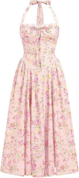 Women Floral Corset Dress Summer Dresses Boho Flowy Adjustable Halter Neck Lace Up Midi Dresses A Line Casual Sundress