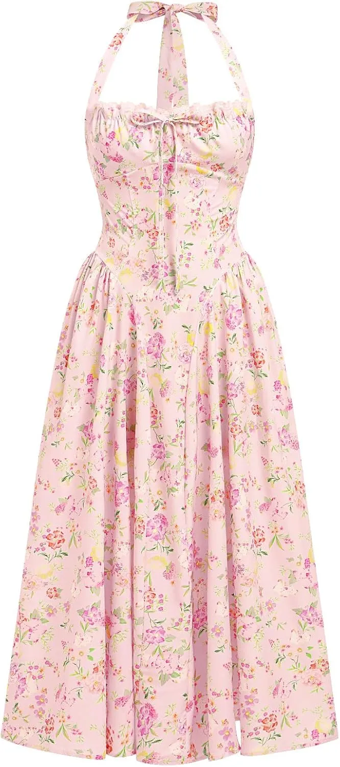 Women Floral Corset Dress Summer Dresses Boho Flowy Adjustable Halter Neck Lace Up Midi Dresses A Line Casual Sundress