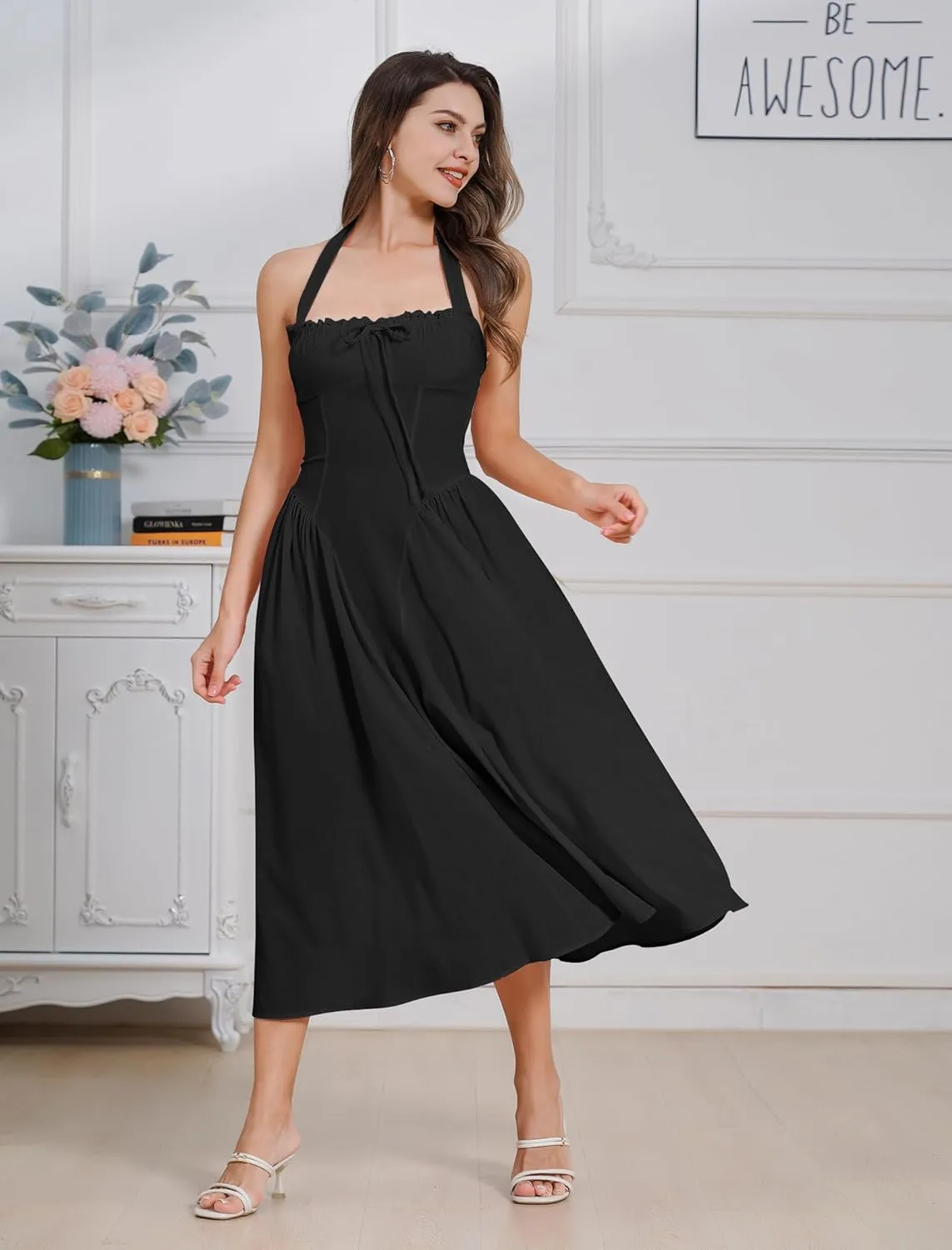 Women Floral Corset Dress Summer Dresses Boho Flowy Adjustable Halter Neck Lace Up Midi Dresses A Line Casual Sundress