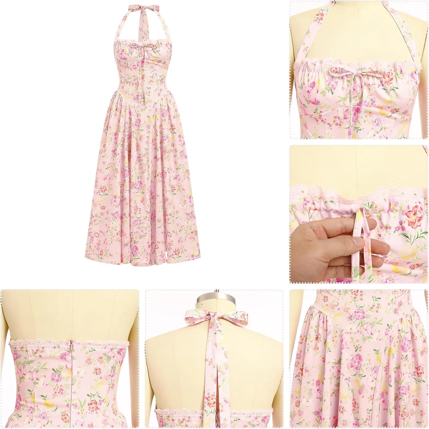 Women Floral Corset Dress Summer Dresses Boho Flowy Adjustable Halter Neck Lace Up Midi Dresses A Line Casual Sundress