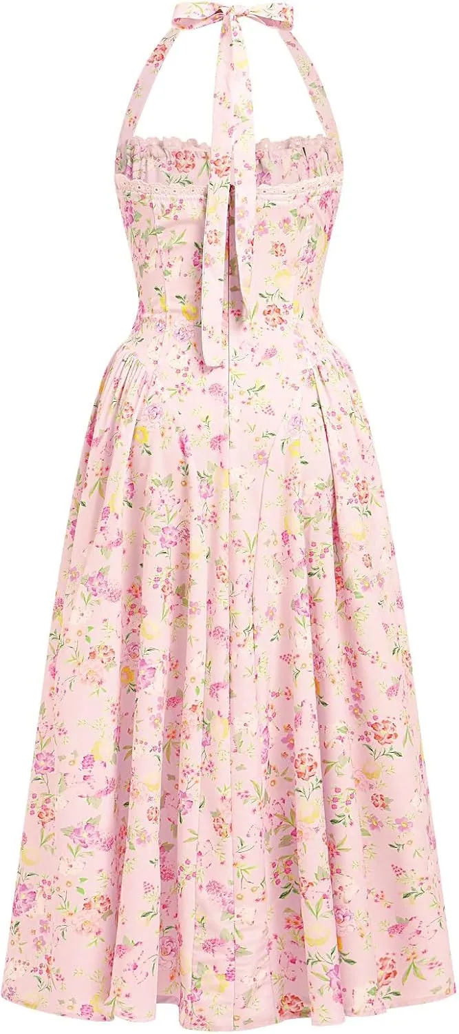 Women Floral Corset Dress Summer Dresses Boho Flowy Adjustable Halter Neck Lace Up Midi Dresses A Line Casual Sundress