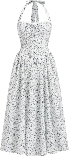 Women Floral Corset Dress Summer Dresses Boho Flowy Adjustable Halter Neck Lace Up Midi Dresses A Line Casual Sundress