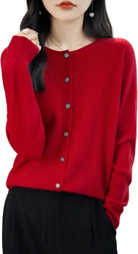 Women's Crewneck 100% Merino Wool Sweater 2025 Spring Fall Solid Long Sleeve Seamless Knitted Cardigan Sweater