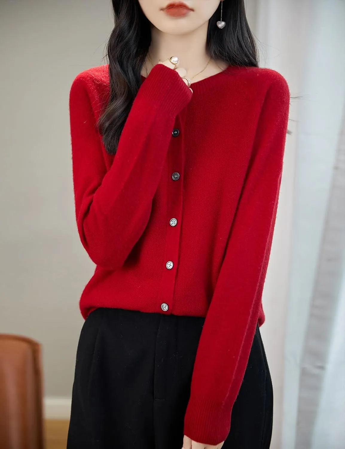 Women's Crewneck 100% Merino Wool Sweater 2025 Spring Fall Solid Long Sleeve Seamless Knitted Cardigan Sweater