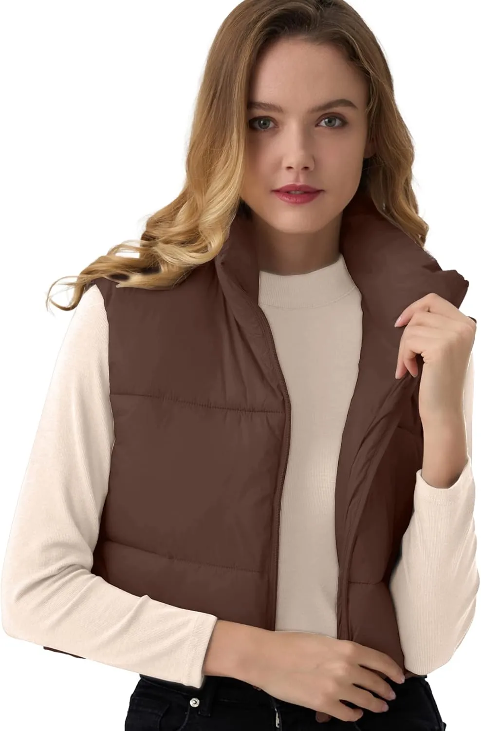 Women's Cropped Puffer Vest Lightweight Sleeveless Warm Vests For Women Winter Stand Collar Padded Gilet