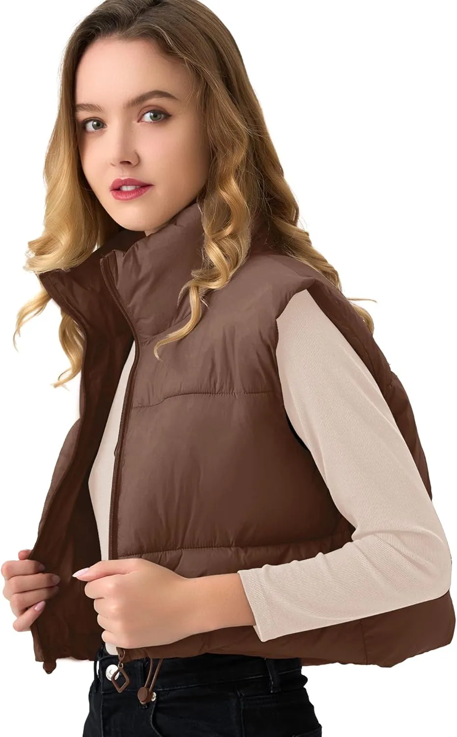Women's Cropped Puffer Vest Lightweight Sleeveless Warm Vests For Women Winter Stand Collar Padded Gilet
