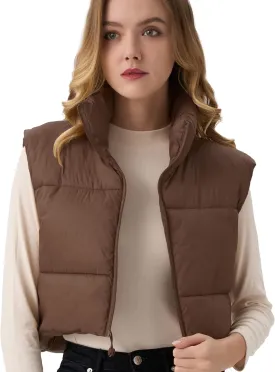 Women's Cropped Puffer Vest Lightweight Sleeveless Warm Vests For Women Winter Stand Collar Padded Gilet