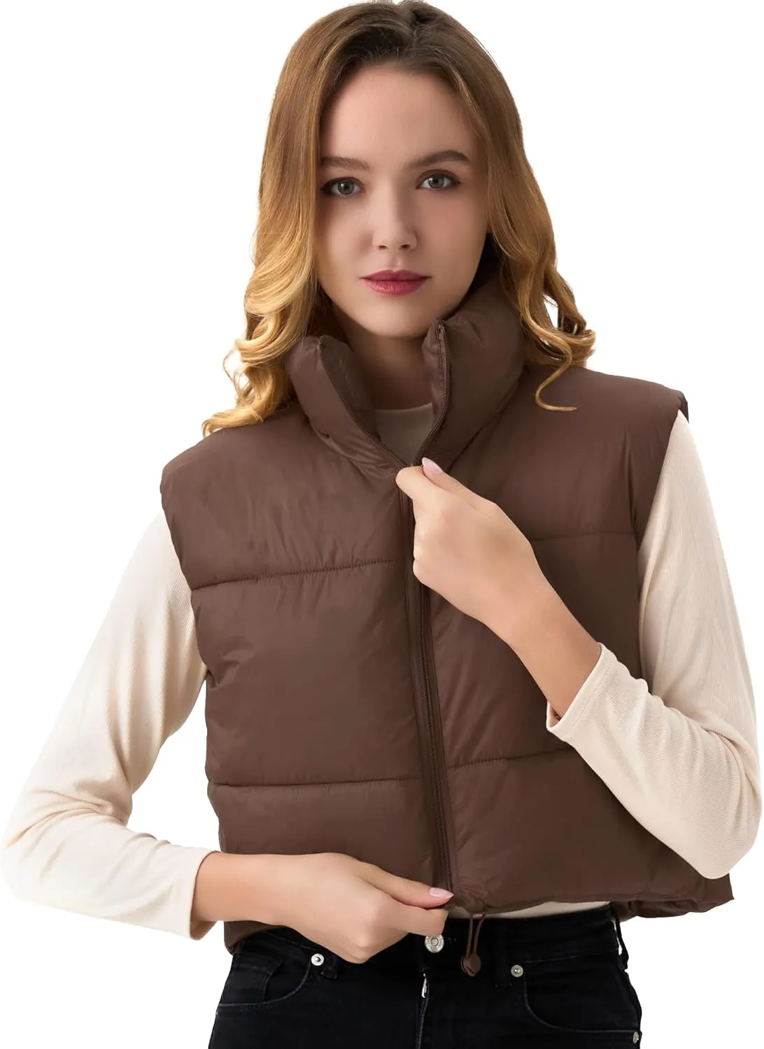 Women's Cropped Puffer Vest Lightweight Sleeveless Warm Vests For Women Winter Stand Collar Padded Gilet