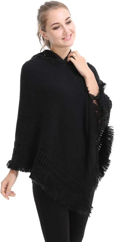 Women's Knit Cape Poncho Sweater with Fringes Pullover Shawls Wraps Capes