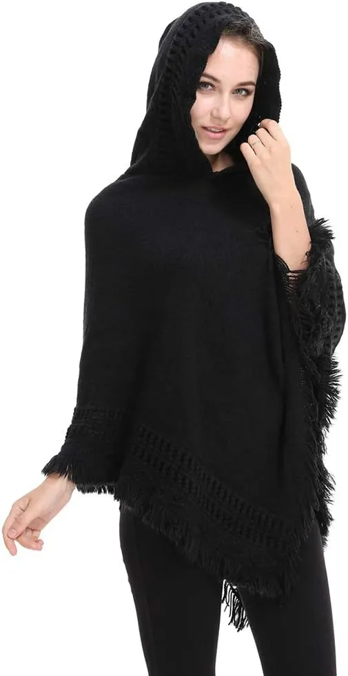 Women's Knit Cape Poncho Sweater with Fringes Pullover Shawls Wraps Capes