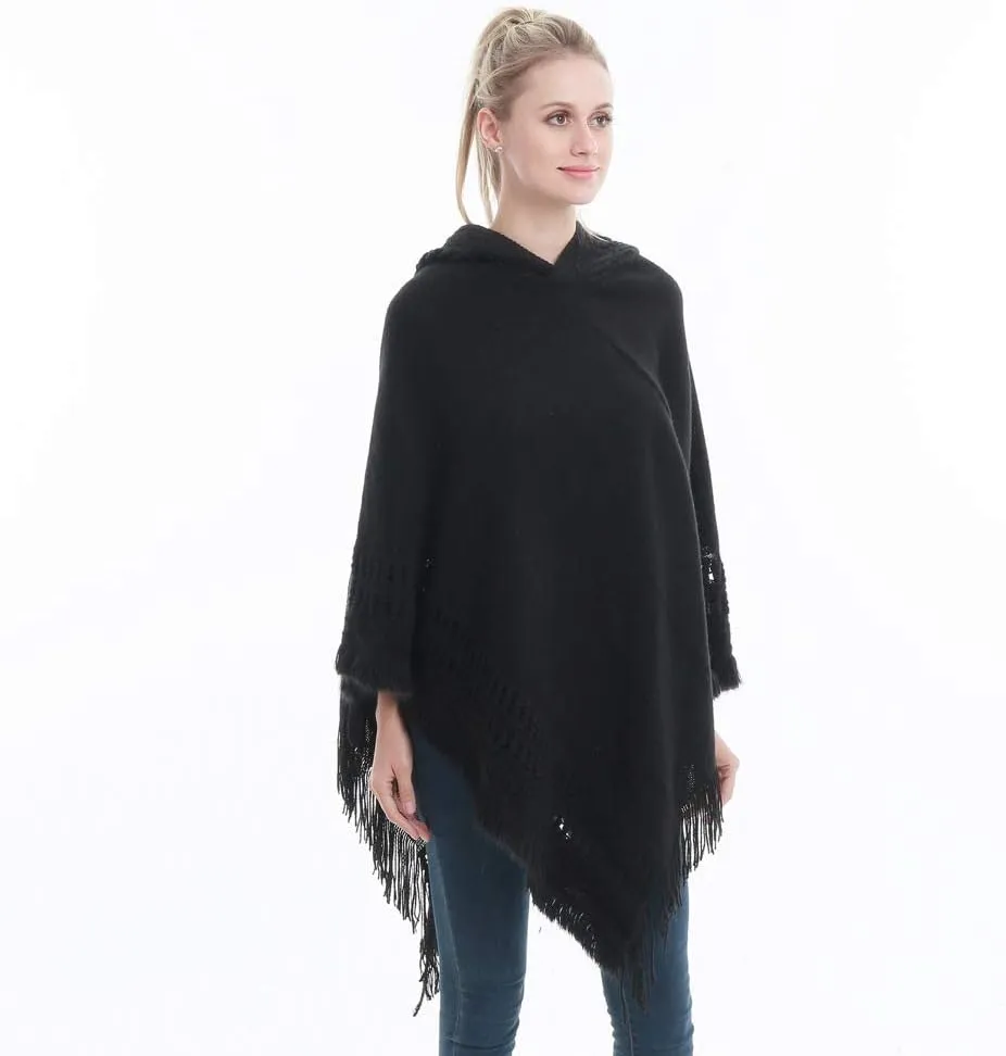 Women's Knit Cape Poncho Sweater with Fringes Pullover Shawls Wraps Capes