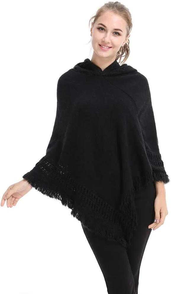 Women's Knit Cape Poncho Sweater with Fringes Pullover Shawls Wraps Capes