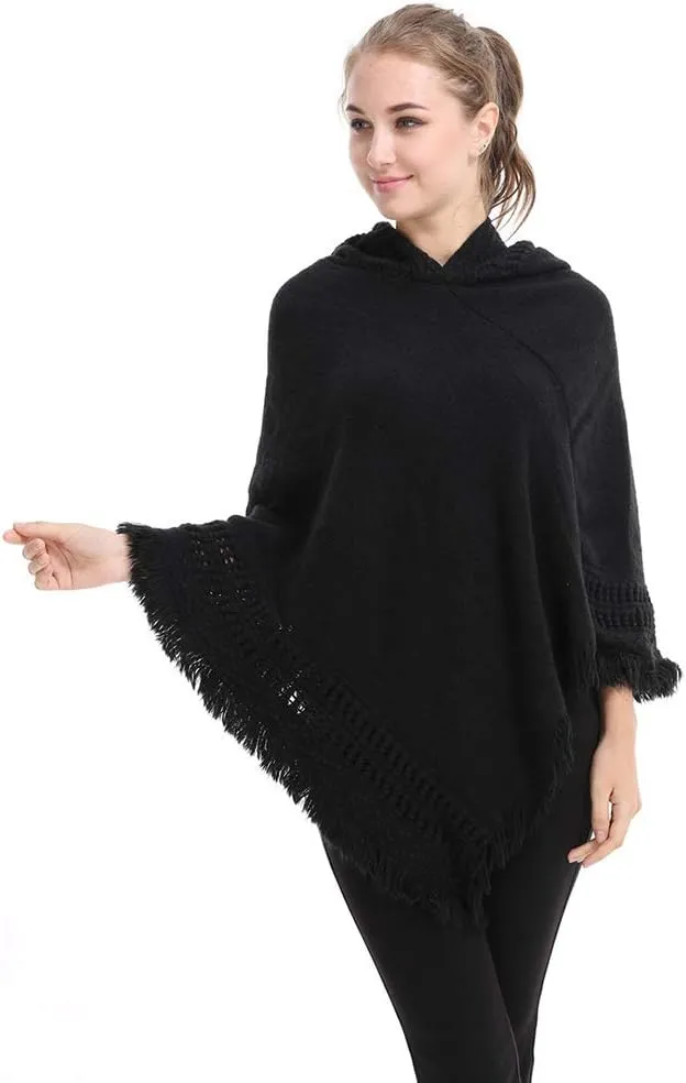 Women's Knit Cape Poncho Sweater with Fringes Pullover Shawls Wraps Capes