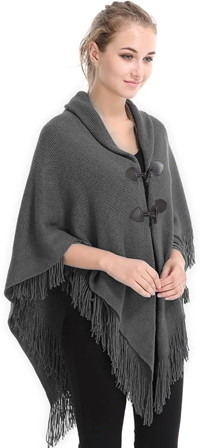 Women's Knit Cape Poncho Sweater with Fringes Pullover Shawls Wraps Capes