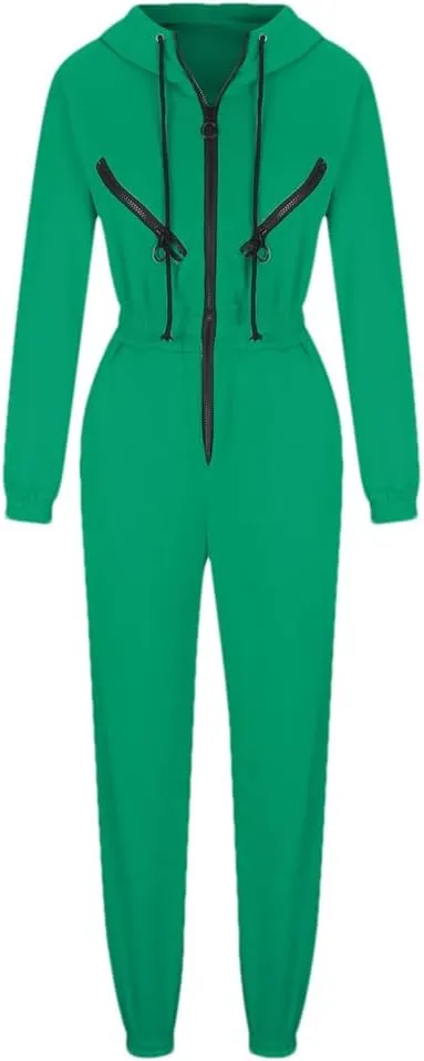 Women's Monochrome Long-Sleeved Jumpsuit Solid Color Zip-Up Sportswear Winter Casual Tracksuit Hoodies
