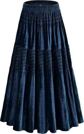 Women's Velvet Pleated Midi Skirt Elastic High Waist Fall Winter Tiered A-Line Party Long Skirts