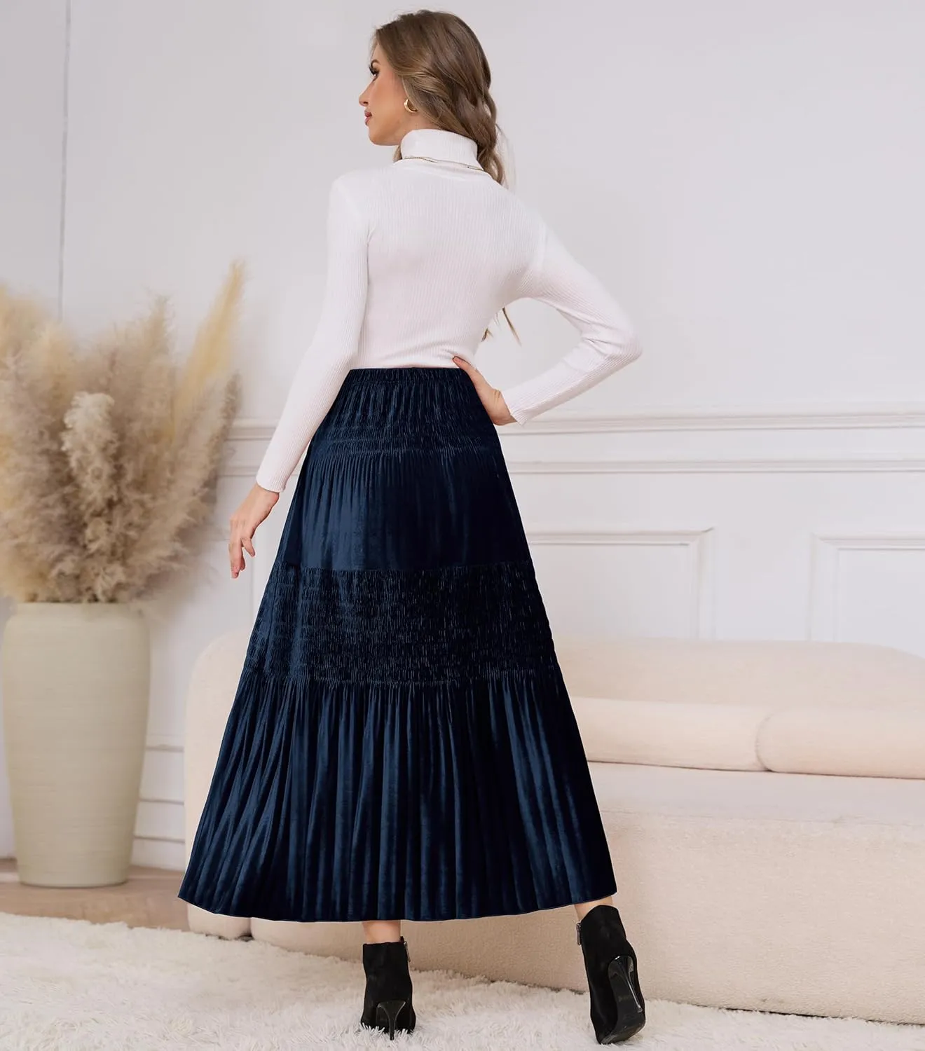 Women's Velvet Pleated Midi Skirt Elastic High Waist Fall Winter Tiered A-Line Party Long Skirts