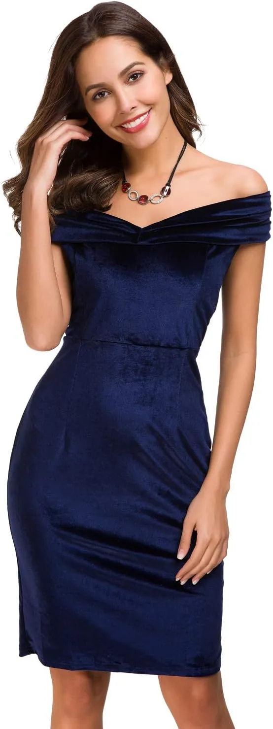 Womens Vintage Off Shoulder Velvet Bodycon Dresses Midi Pencil Dress for Party Cocktail Formal Evening Club