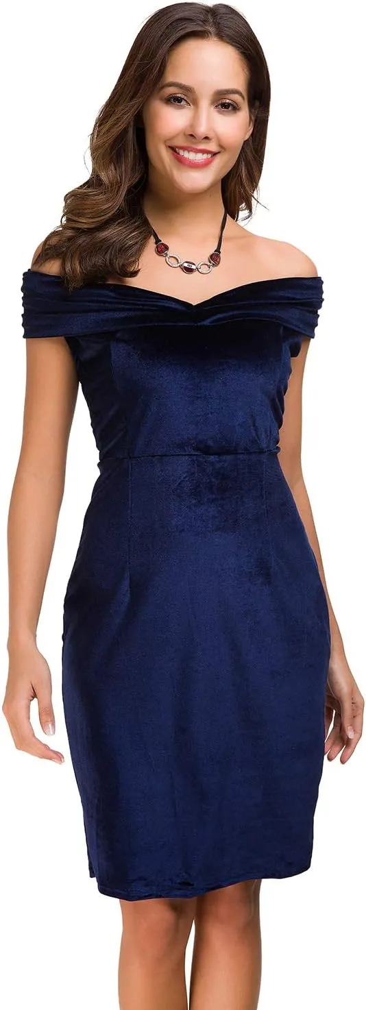 Womens Vintage Off Shoulder Velvet Bodycon Dresses Midi Pencil Dress for Party Cocktail Formal Evening Club