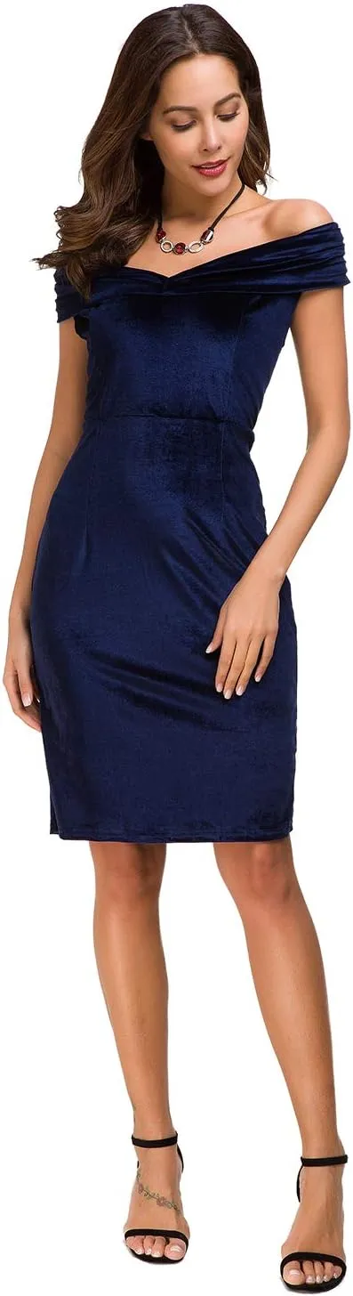 Womens Vintage Off Shoulder Velvet Bodycon Dresses Midi Pencil Dress for Party Cocktail Formal Evening Club