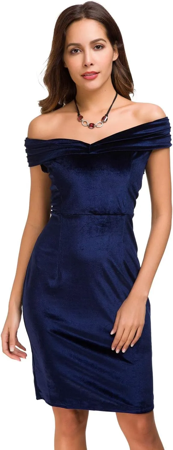 Womens Vintage Off Shoulder Velvet Bodycon Dresses Midi Pencil Dress for Party Cocktail Formal Evening Club