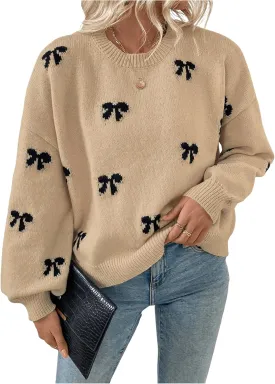 Women's Y2K Bow Print Sweater Crewneck Long Sleeve Drop Shoulder Knit Pullovers Sweaters