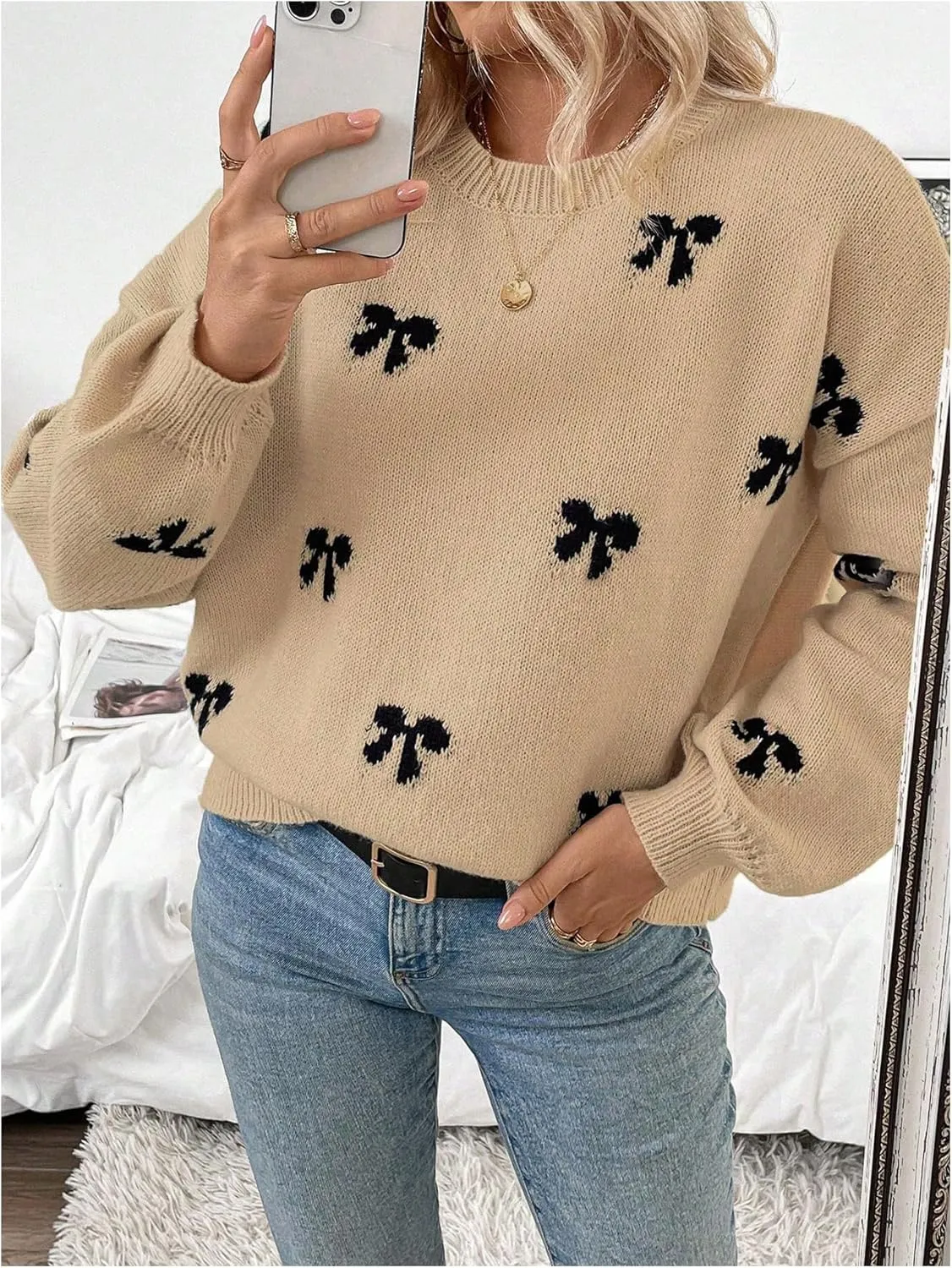 Women's Y2K Bow Print Sweater Crewneck Long Sleeve Drop Shoulder Knit Pullovers Sweaters