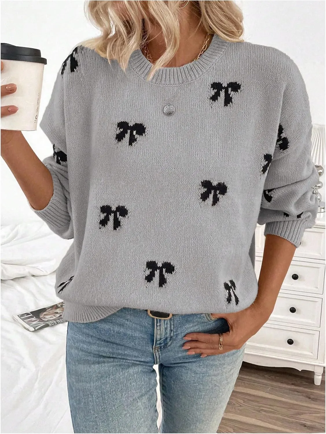 Women's Y2K Bow Print Sweater Crewneck Long Sleeve Drop Shoulder Knit Pullovers Sweaters